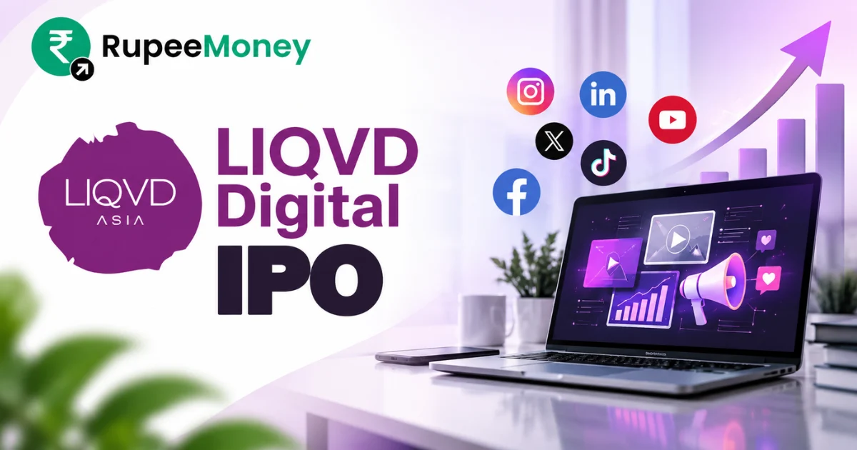 Liqvd Digital IPO banner featuring digital marketing technology, laptop analytics, social media platforms, content creation tools and financial growth graphics with RupeeMoney branding.
