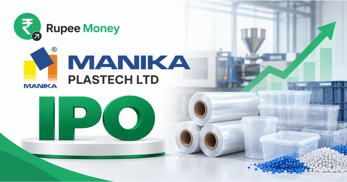 Manika Plastech IPO banner featuring the Manika Plastech Ltd logo, plastic manufacturing equipment, plastic rolls, storage containers, plastic granules, and RupeeMoney branding.