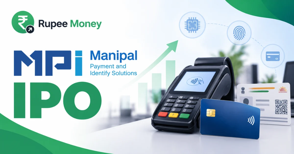 Manipal Payment and Identify Solutions IPO banner featuring the MPI logo, digital payment terminal, payment card, identity card, biometric technology, and RupeeMoney branding.