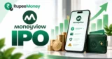 Moneyview IPO banner featuring Moneyview branding, a digital finance app on a smartphone, rupee coins, wallet, financial growth chart and RupeeMoney branding.