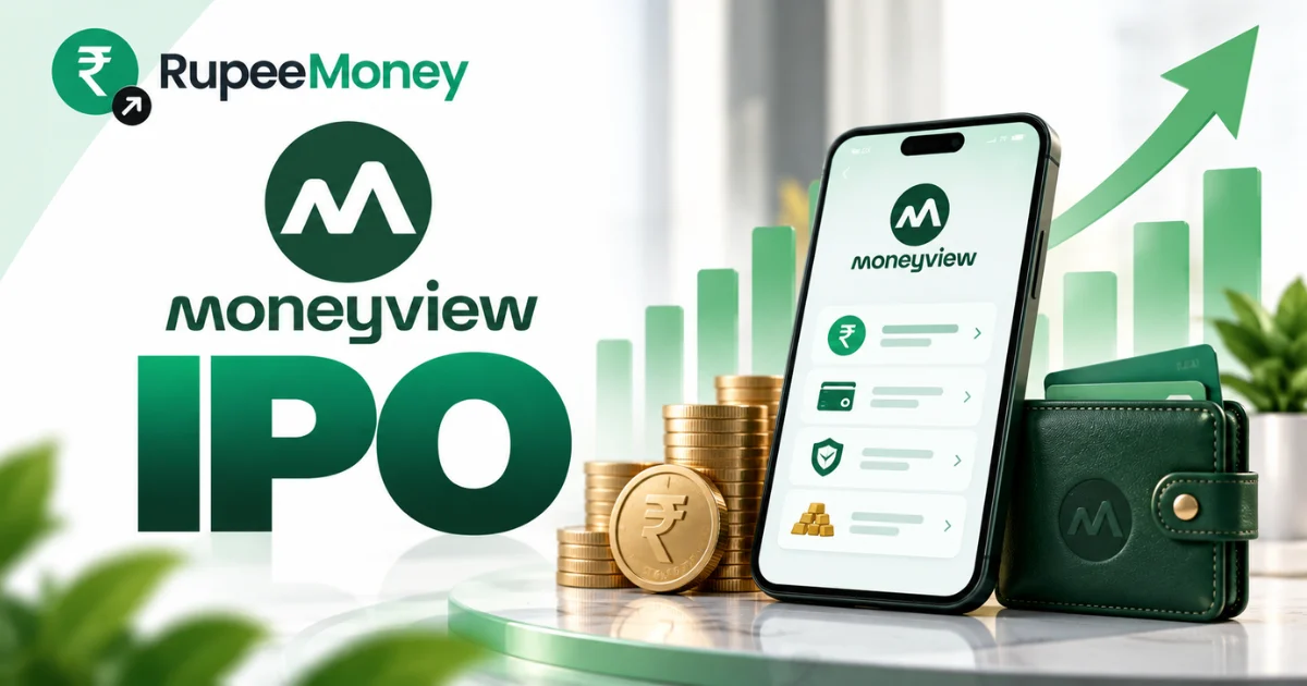 Moneyview IPO banner featuring Moneyview branding, a digital finance app on a smartphone, rupee coins, wallet, financial growth chart and RupeeMoney branding.