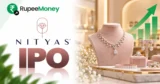 Nityas Gems Jewellery IPO banner featuring Nityas branding, diamond jewellery, gold necklaces, earrings, rings, a luxury jewellery display and financial growth graphics with RupeeMoney branding.