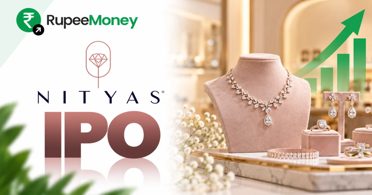 Nityas Gems Jewellery IPO banner featuring Nityas branding, diamond jewellery, gold necklaces, earrings, rings, a luxury jewellery display and financial growth graphics with RupeeMoney branding.