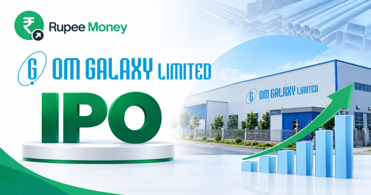 Om Galaxy IPO banner featuring the Om Galaxy Limited logo, industrial manufacturing facility, rising investment chart, IPO symbol, and RupeeMoney branding.