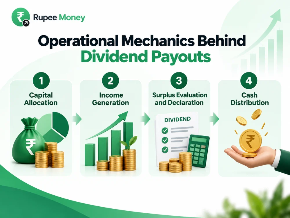 This infographic explains the operational mechanics behind dividend payouts through four key phases: Capital Allocation, Income Generation, Surplus Evaluation and Declaration, and Cash Distribution. The visual uses a clean RupeeMoney financial design with investment, income, dividend declaration, and cash distribution illustrations. It is optimized for dividend payout process, operational mechanics of dividend payouts, how dividend payouts work, dividend distribution process, mutual fund dividends, dividend declaration, cash distribution, investment income, and Indian mutual funds keywords. The content is original, plagiarism-free, and copyright-safe.