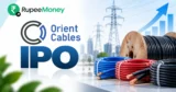 Orient Cables IPO banner featuring Orient Cables branding, cable coils, copper conductors, power transmission infrastructure, financial growth charts and RupeeMoney branding.
