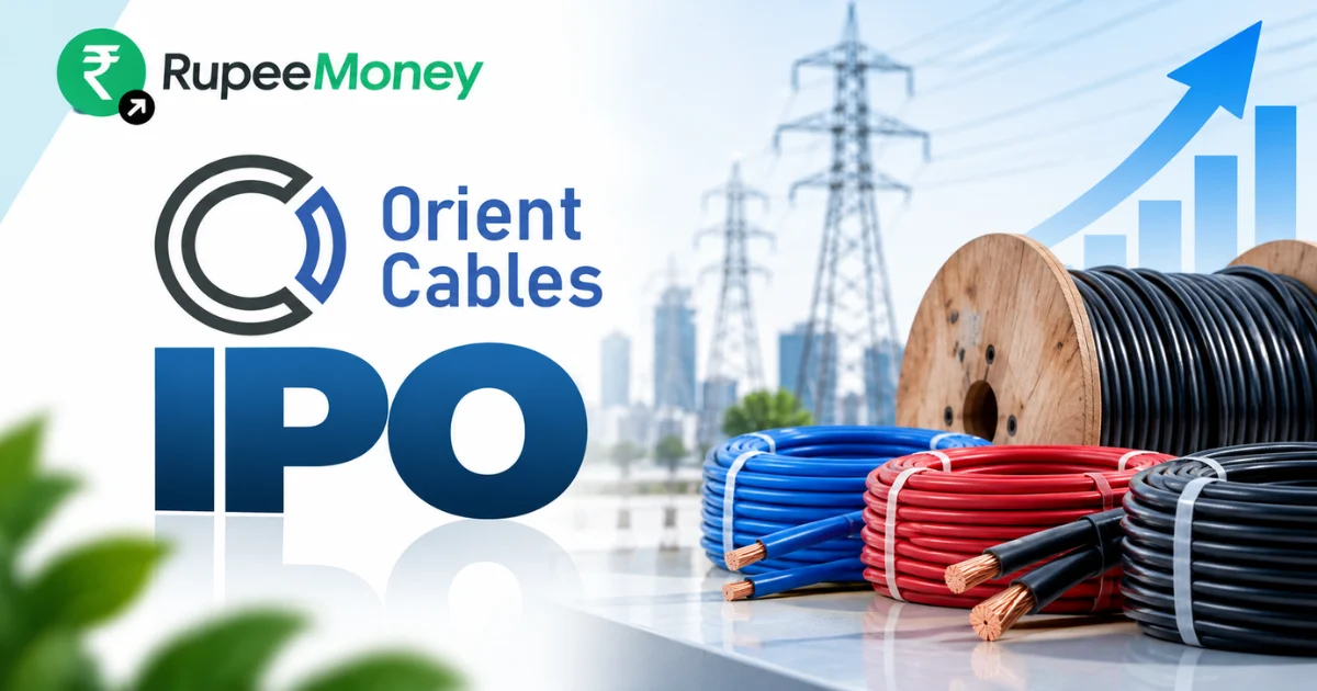 Orient Cables IPO banner featuring Orient Cables branding, cable coils, copper conductors, power transmission infrastructure, financial growth charts and RupeeMoney branding.