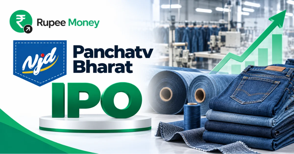 Panchatv Bharat IPO banner featuring the Panchatv Bharat logo, denim rolls, folded denim garments, blue thread, textile manufacturing machinery, growth chart, and RupeeMoney branding.
