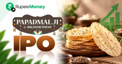 Papadmalji Agro Foods IPO banner featuring Papadmalji Bikaneri Papad branding, crispy papads, traditional Indian food ingredients, spices, a food production setting, financial growth graphics and RupeeMoney branding.