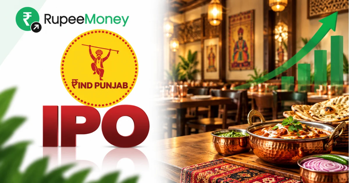 Pind Hospitality IPO banner featuring Pind Punjab branding, Punjabi restaurant ambience, North Indian food, naan, curry, traditional décor, financial growth graphics and RupeeMoney branding.