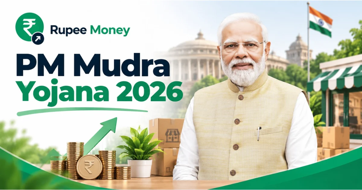 PM Mudra Yojana 2026 banner featuring an Indian small business owner, shop, business documents, rupee coins, growth chart, and RupeeMoney branding.