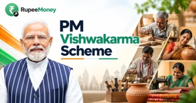 PM Vishwakarma Scheme banner featuring Indian artisans such as carpenters, potters, metalworkers and tailors, with Prime Minister Narendra Modi and RupeeMoney branding, representing government support for traditional artisans and craftspeople.