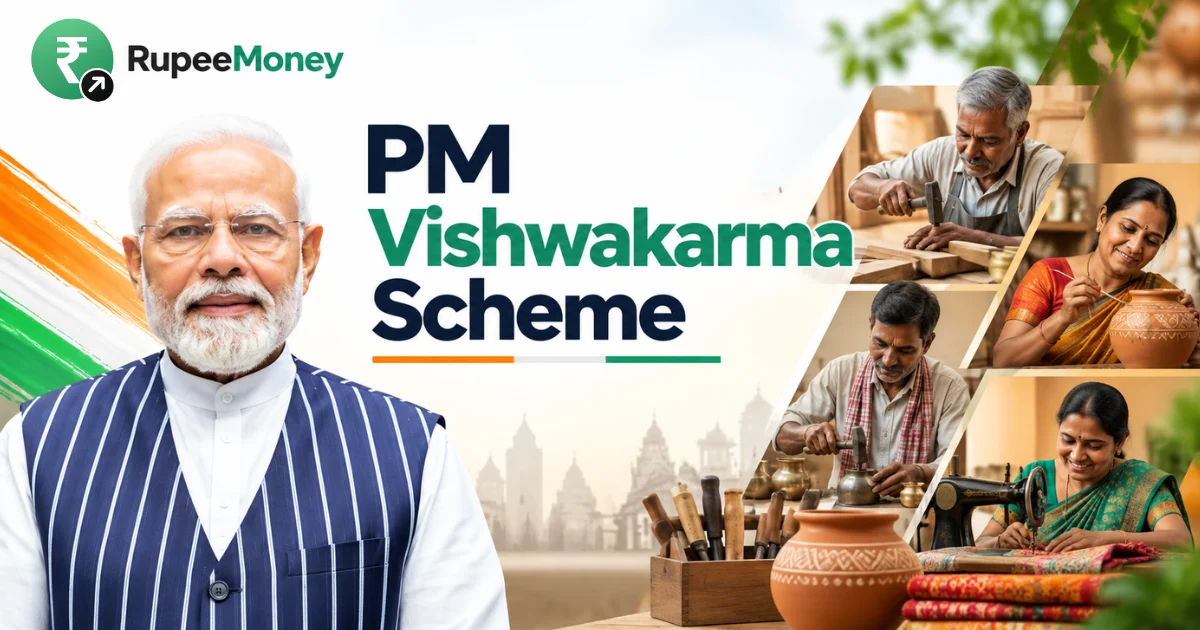 PM Vishwakarma Scheme banner featuring Indian artisans such as carpenters, potters, metalworkers and tailors, with Prime Minister Narendra Modi and RupeeMoney branding, representing government support for traditional artisans and craftspeople.