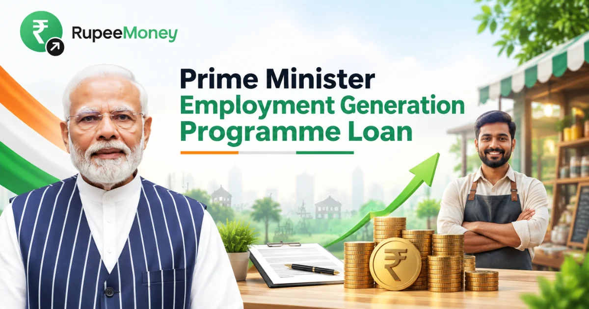 Prime Minister Employment Generation Programme Loan banner featuring Prime Minister Narendra Modi, an Indian entrepreneur, small business, loan documents, rupee coins, financial support shield, growth arrow, and RupeeMoney branding.