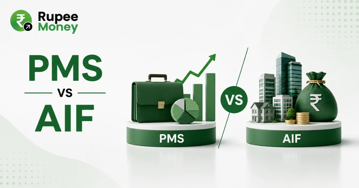 PMS vs AIF banner comparing Portfolio Management Services and Alternative Investment Funds with investment portfolios, financial growth charts, assets, and RupeeMoney branding.