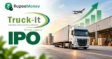 Pooja Logistics IPO banner featuring refrigerated logistics trucks, warehouse facilities, cargo containers, cold chain transportation and financial growth graphics with RupeeMoney branding.