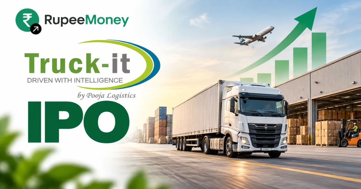 Pooja Logistics IPO banner featuring refrigerated logistics trucks, warehouse facilities, cargo containers, cold chain transportation and financial growth graphics with RupeeMoney branding.