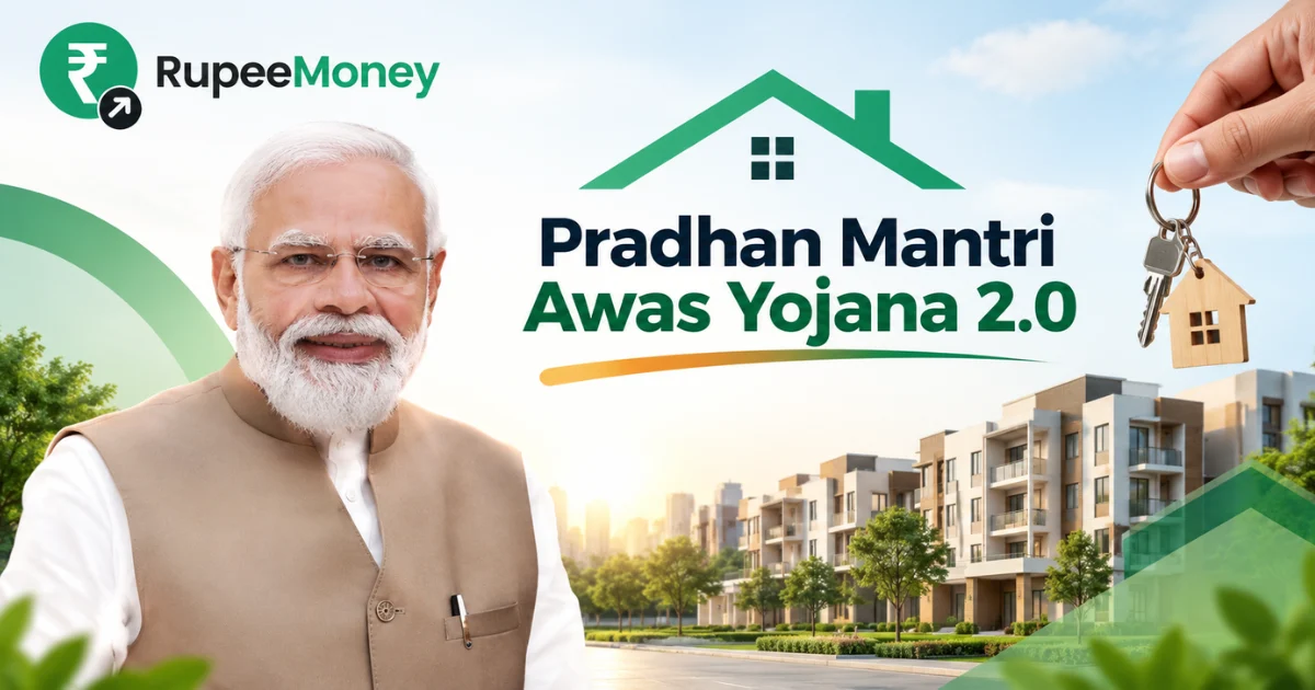 Pradhan Mantri Awas Yojana 2.0 banner featuring Prime Minister Narendra Modi, affordable housing, modern residential buildings, house keys, a home icon, and RupeeMoney branding.