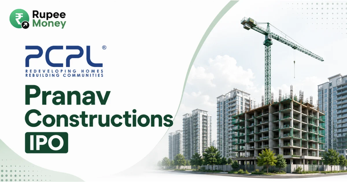 Pranav Constructions IPO banner featuring the PCPL logo, residential construction projects, high-rise buildings, construction crane, and RupeeMoney branding.
