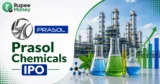 Prasol Chemicals IPO banner featuring the Prasol logo, chemical manufacturing plant, laboratory glassware, industrial processing equipment, growth chart, and RupeeMoney branding.