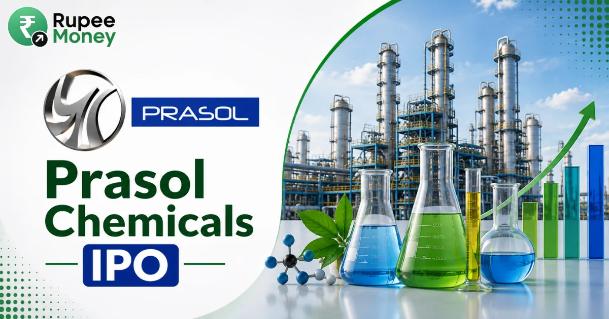 Prasol Chemicals IPO banner featuring the Prasol logo, chemical manufacturing plant, laboratory glassware, industrial processing equipment, growth chart, and RupeeMoney branding.