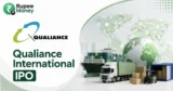 Qualiance International IPO banner featuring the Qualiance logo, global trade and logistics visuals, shipping containers, cargo truck, world map, and RupeeMoney branding.