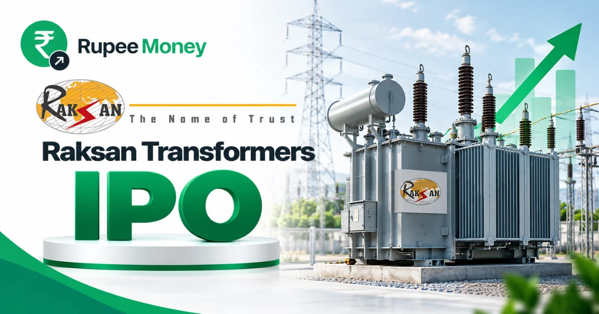 Raksan Transformers IPO banner featuring the Raksan Transformers logo, electrical transformer equipment, power transmission infrastructure, rising growth chart, and RupeeMoney branding.