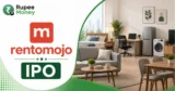 Rentomojo IPO banner featuring the Rentomojo logo, furnished home interiors, rental furniture and appliances, and RupeeMoney branding.
