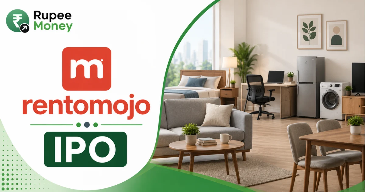 Rentomojo IPO banner featuring the Rentomojo logo, furnished home interiors, rental furniture and appliances, and RupeeMoney branding.