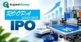 Roopa Screen IPO banner featuring Roopa Screen Limited branding, rotary screen printing machinery, blue textile printing equipment, printed fabric and financial growth graphics with RupeeMoney branding.