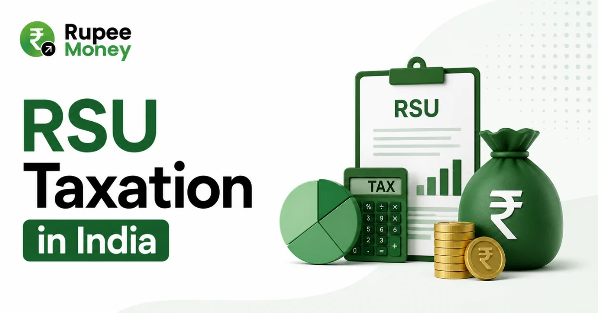 RSU Taxation in India banner featuring restricted stock units, tax calculation, rupee investments, tax documents, and financial planning elements with RupeeMoney branding.