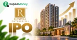 Runwal Enterprises IPO banner featuring Runwal Enterprises branding, modern residential towers, landscaped real estate development, city skyline, financial growth chart and RupeeMoney branding.