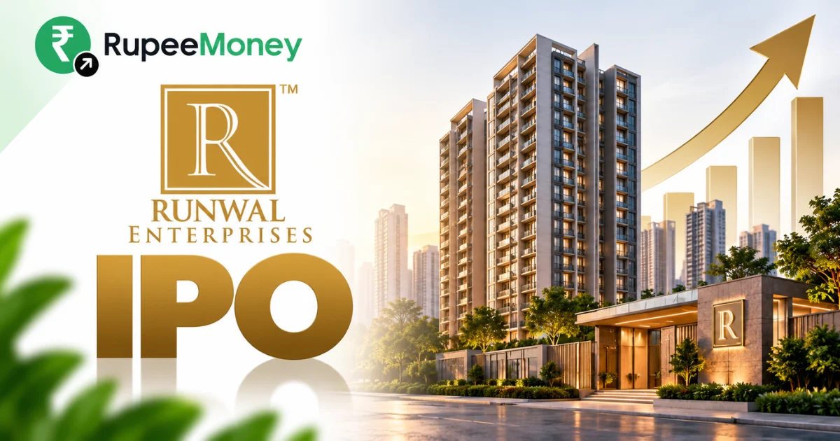 Runwal Enterprises IPO banner featuring Runwal Enterprises branding, modern residential towers, landscaped real estate development, city skyline, financial growth chart and RupeeMoney branding.