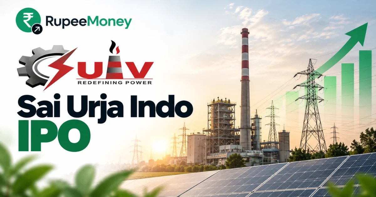 Sai Urja Indo IPO banner featuring industrial operations and maintenance infrastructure, power transmission towers, solar panels, an energy facility and financial growth graphics with RupeeMoney branding.