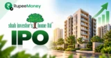 Shah Investors Home IPO banner featuring Shah Investors Home branding, modern residential buildings, landscaped real estate development, financial growth chart and RupeeMoney branding.