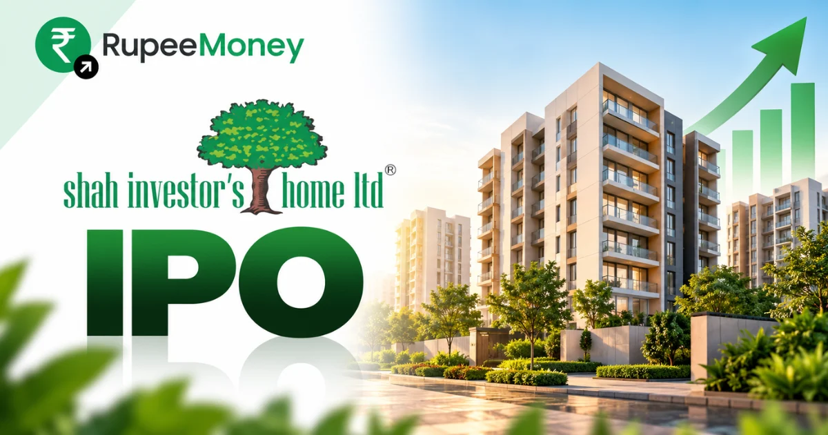 Shah Investors Home IPO banner featuring Shah Investors Home branding, modern residential buildings, landscaped real estate development, financial growth chart and RupeeMoney branding.