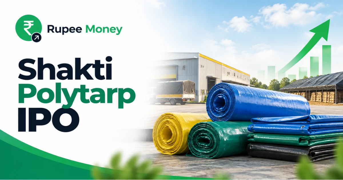 Shakti Polytarp IPO banner featuring the Shakti Polytarp logo, colorful tarpaulin rolls, industrial warehouse, covered transport truck, storage materials, rising growth chart, and RupeeMoney branding.