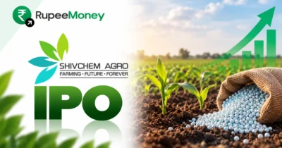 Shivchem Agro IPO banner featuring Shivchem Agro branding, agricultural fields, young crops, fertilizer granules, farming elements, financial growth graphics and RupeeMoney branding.