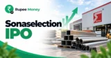 Sonaselection IPO banner featuring the Sona logo, metal pipes and sections, industrial manufacturing facility, warehouse, rising growth chart, and RupeeMoney branding.