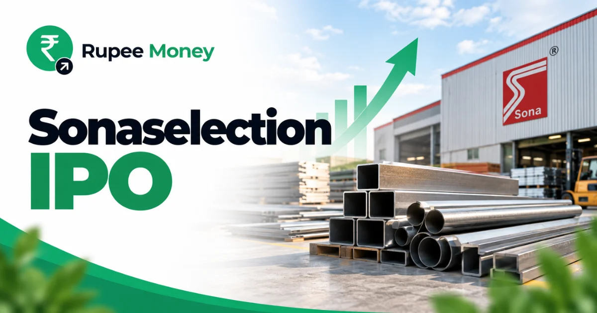 Sonaselection IPO banner featuring the Sona logo, metal pipes and sections, industrial manufacturing facility, warehouse, rising growth chart, and RupeeMoney branding.