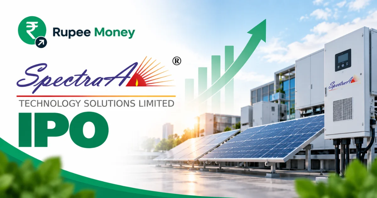Spectraa Technology IPO banner featuring the Spectraa Technology Solutions Limited logo, solar panels, industrial technology equipment, renewable energy infrastructure, rising growth chart, and RupeeMoney branding.
