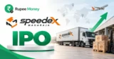 Maharaja Speedex IPO banner featuring the Speedex Maharaja logo, logistics truck, cargo boxes, warehouse, global logistics map, and RupeeMoney branding.