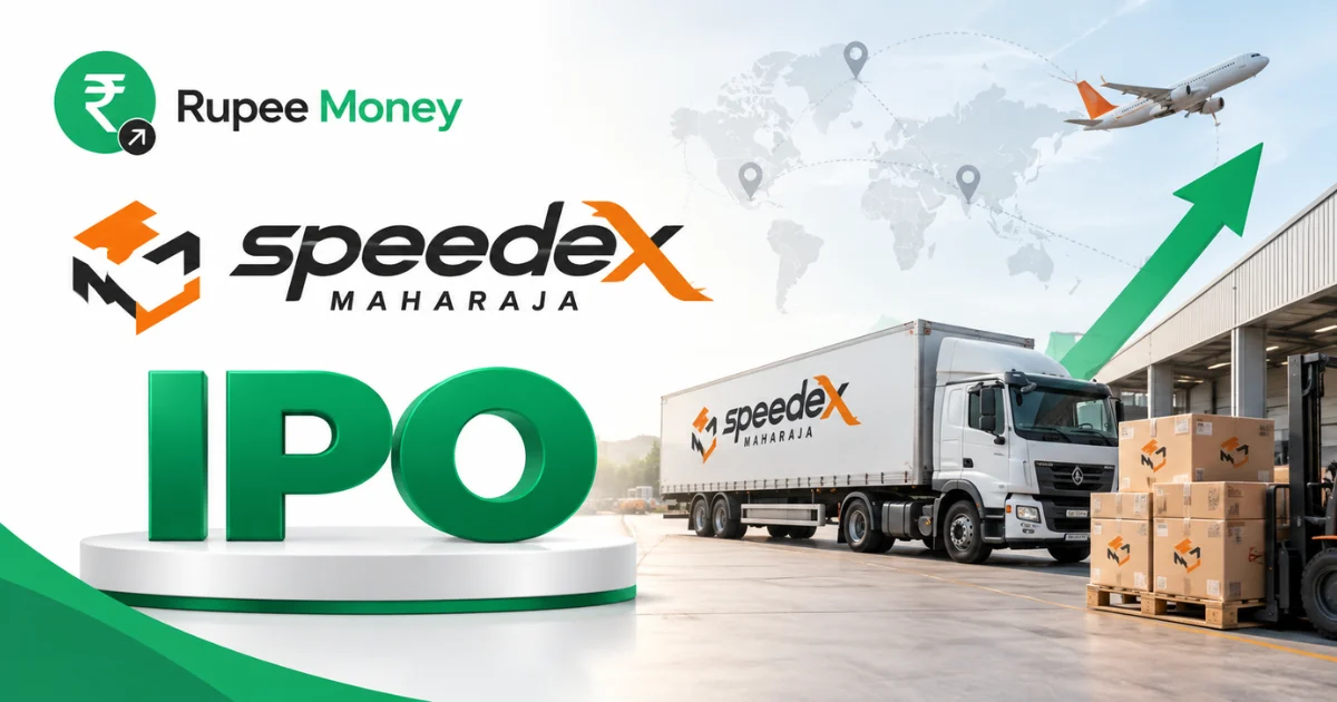 Maharaja Speedex IPO banner featuring the Speedex Maharaja logo, logistics truck, cargo boxes, warehouse, global logistics map, and RupeeMoney branding.