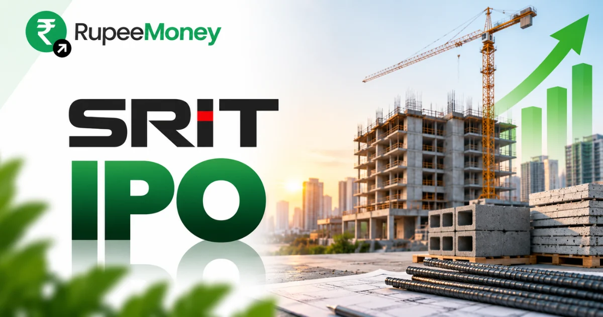 SRIT India IPO banner featuring SRIT branding, digital technology and IT infrastructure visuals, construction-style development elements, financial growth charts and RupeeMoney branding.