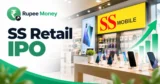 SS Retail IPO banner featuring the SS Mobile retail logo, smartphone showroom, mobile devices, accessories, retail store interior, rising growth chart, and RupeeMoney branding.