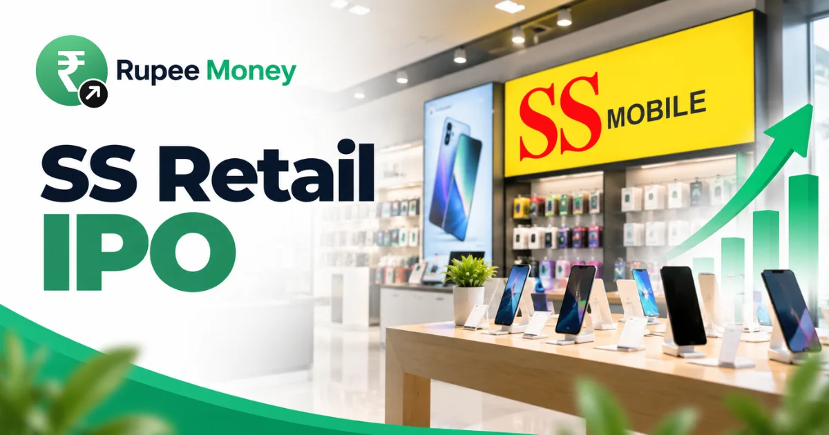 SS Retail IPO banner featuring the SS Mobile retail logo, smartphone showroom, mobile devices, accessories, retail store interior, rising growth chart, and RupeeMoney branding.
