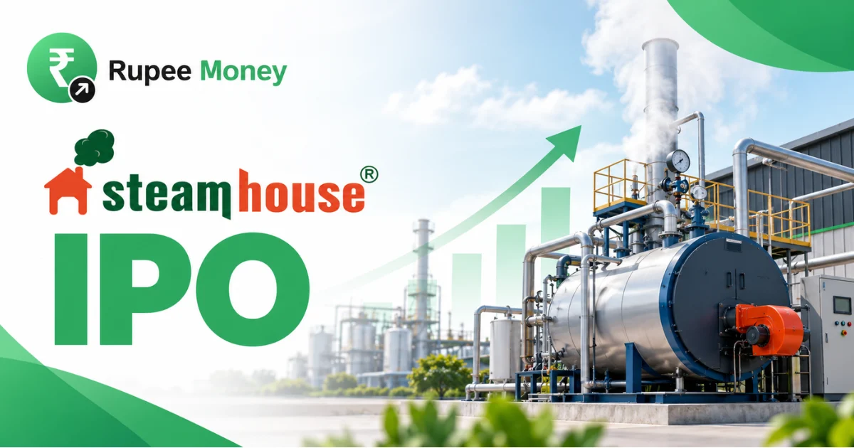 Steamhouse IPO banner featuring the Steamhouse logo, industrial steam boiler plant, pipes, pressure gauges, chimney, and RupeeMoney branding.