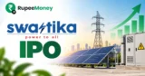 Swastik Infra IPO banner featuring solar panels, electricity transmission towers, power infrastructure, electrical equipment and financial growth graphics with RupeeMoney branding.