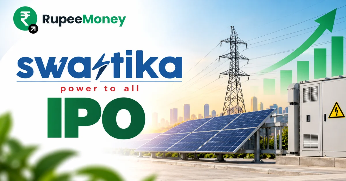 Swastik Infra IPO banner featuring solar panels, electricity transmission towers, power infrastructure, electrical equipment and financial growth graphics with RupeeMoney branding.