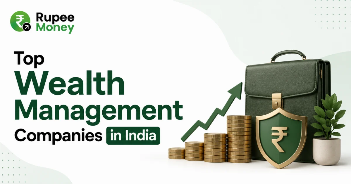 Top Wealth Management Companies in India banner featuring investment growth, wealth protection, financial assets, rupee coins, and RupeeMoney branding.